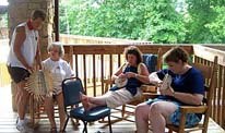 Charlotte Haney, Karen Galloway, Carol Oughten, and Tracy Day enjoy rocking and weaving between classes.