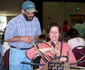 
Luke Block explains the finer points of his dyeing methods to Jo-ann Brown